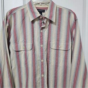 Land's End Button Up Shirt Men's Large Striped Creme Red Blue Pockets GUC